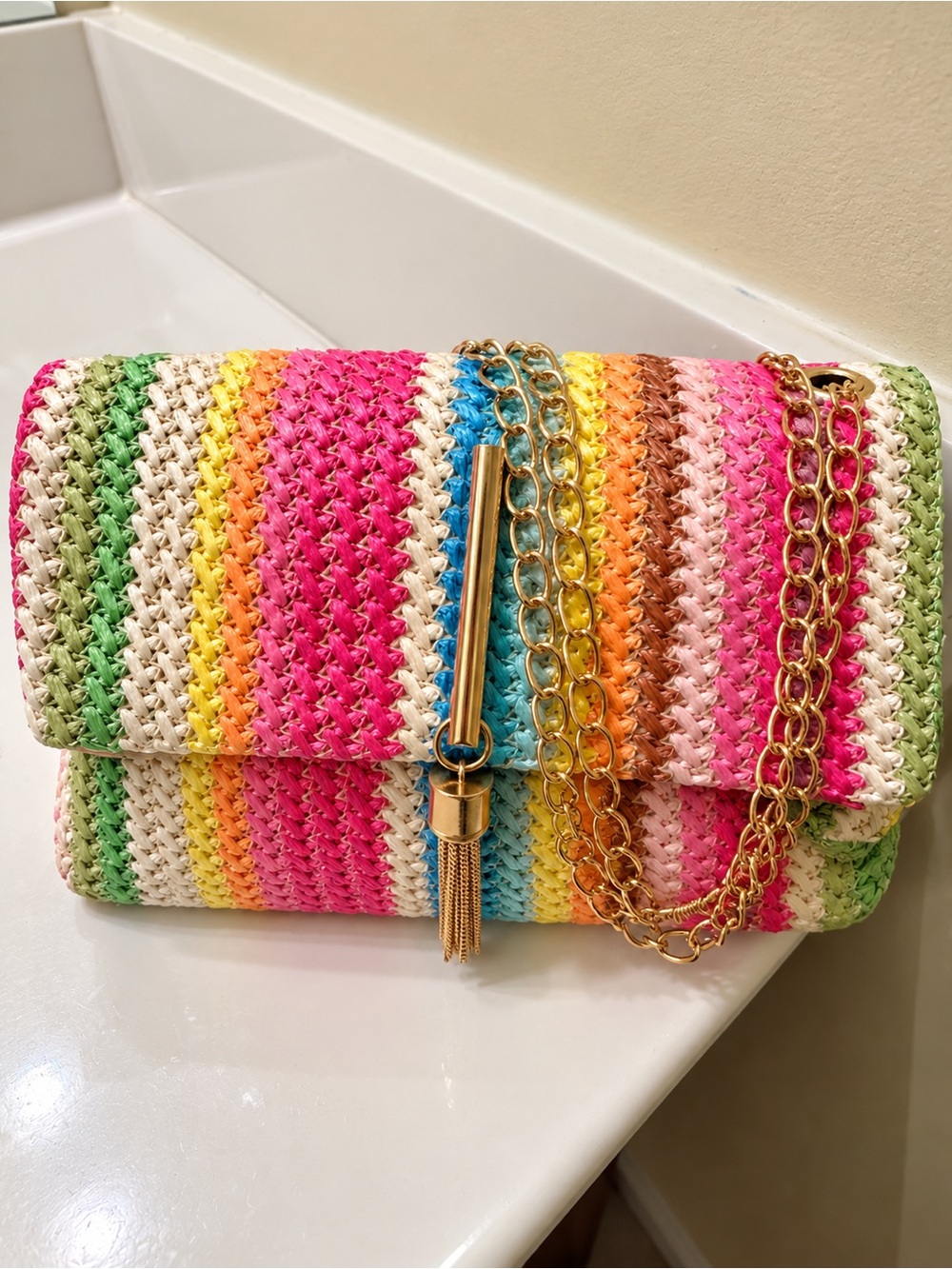 Colorful Striped Woven Crossbody Bag with Gold Chain
